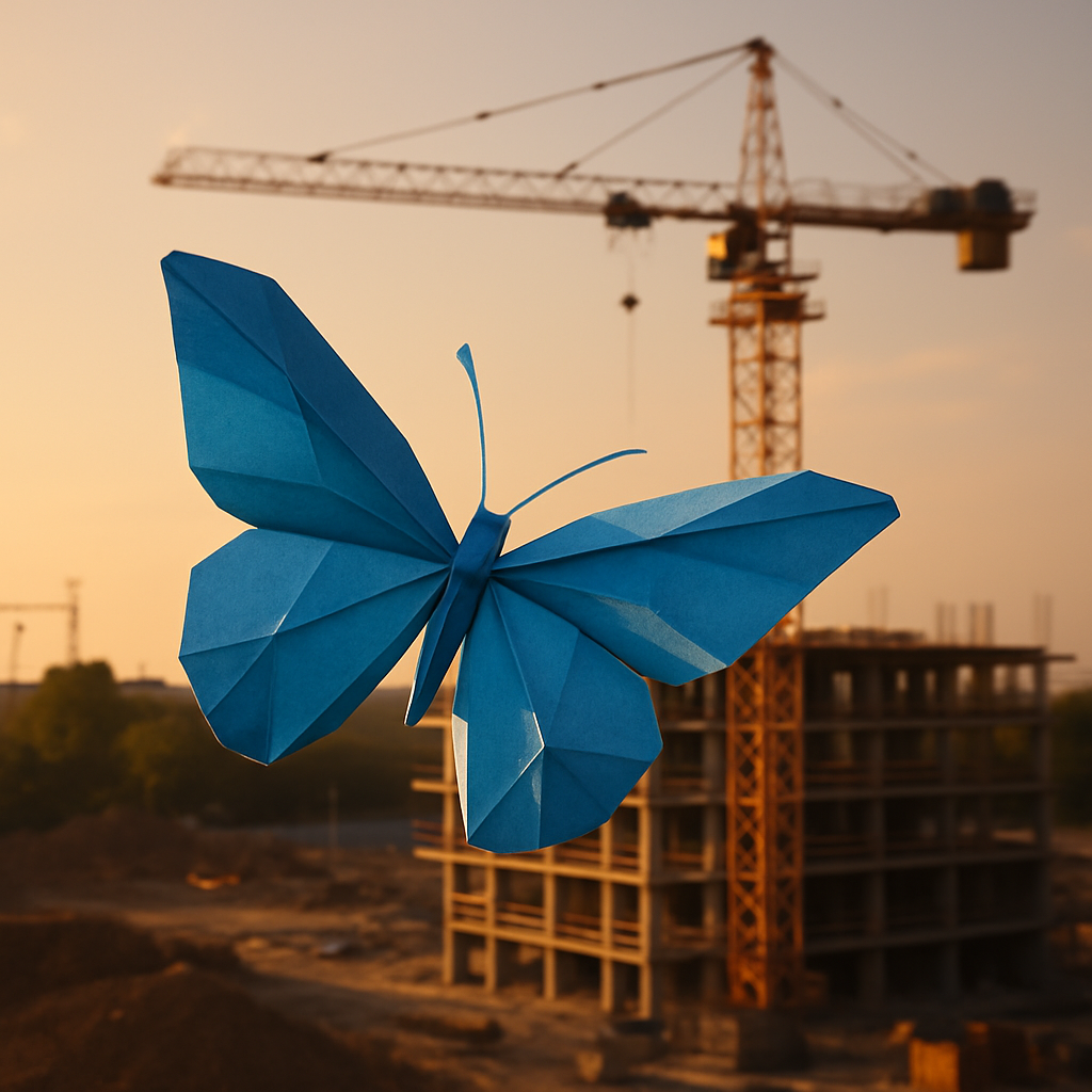 The origami butterfly flutters gracefully above a construction site its delicate paper wings adorned with intricate folds and vibrant hues of azure catching the light as it dances through the air Each gentle flap reveals a mesmerizing play of shadows